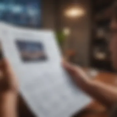 An individual reading an investment newsletter with financial charts in the background