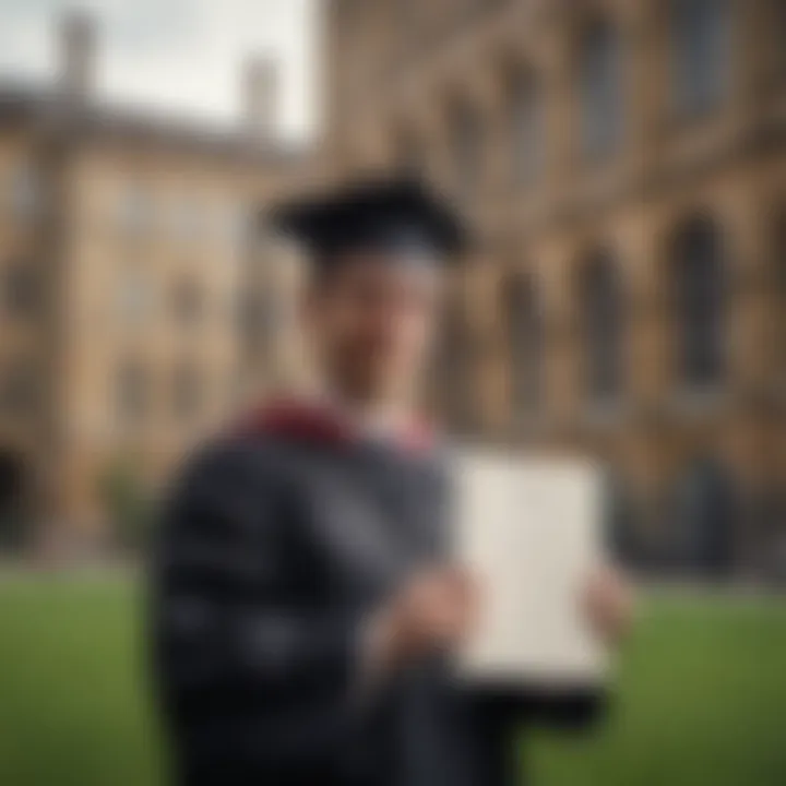 A graduate holding their diploma in front of a prestigious London university