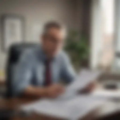 A person sitting at a desk, looking at financial documents with a concerned expression.