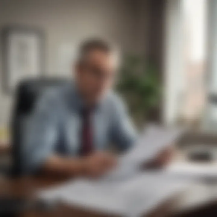 A person sitting at a desk, looking at financial documents with a concerned expression.