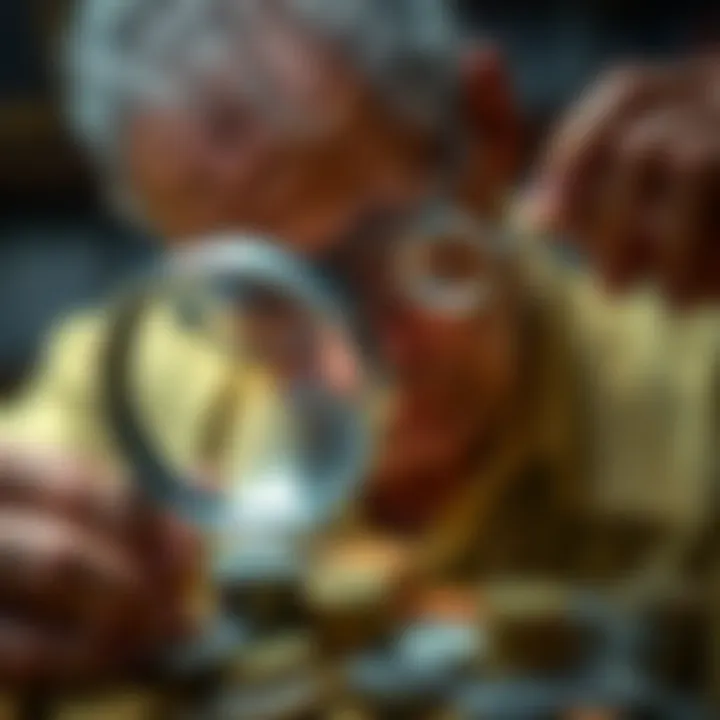 A collector examining coins with a magnifying glass