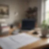 A serene workspace showcasing a desk with financial documents and a laptop.